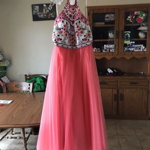Mori Lee Coral prom dress with floral embroidery